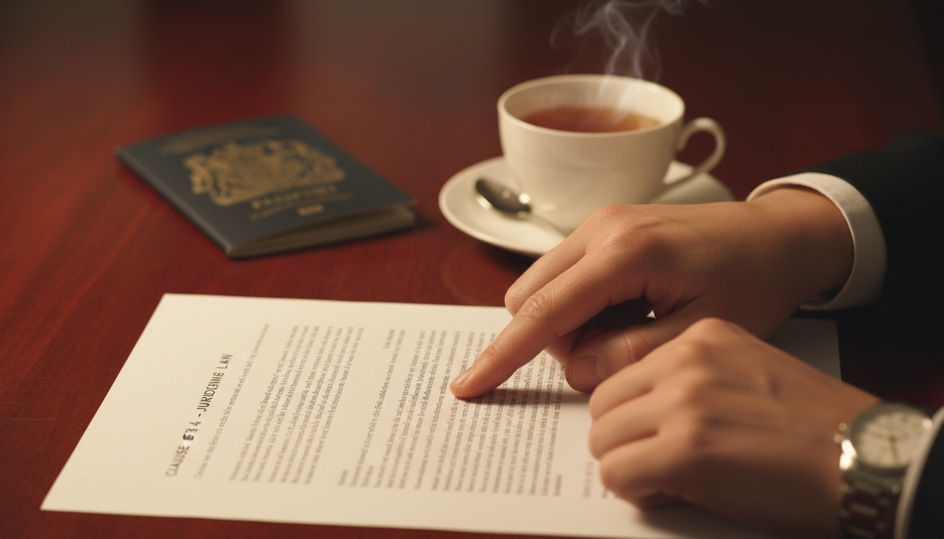 A close-up shot of a legal professional's hands pointing at a specific clause in a document on a polished wooden desk, a British passport and a cup of Earl Grey tea visible in the background, warm office lighting.