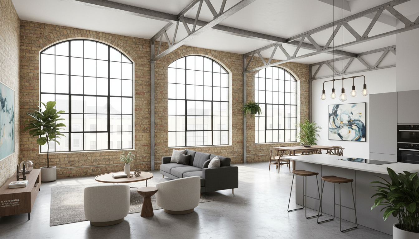 A bright, modern apartment interior in a converted textile mill in Manchester, featuring large industrial windows, high ceilings, and sleek furniture, representing the UK's regional property investment potential.