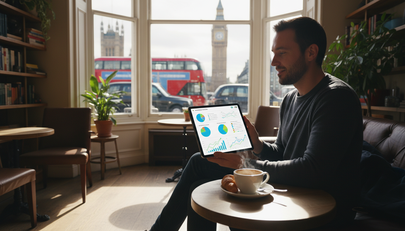 A person sitting in a sunlit London cafe, casually looking at a tablet showing a diversified investment portfolio with colorful pie charts and upward-trending line graphs.