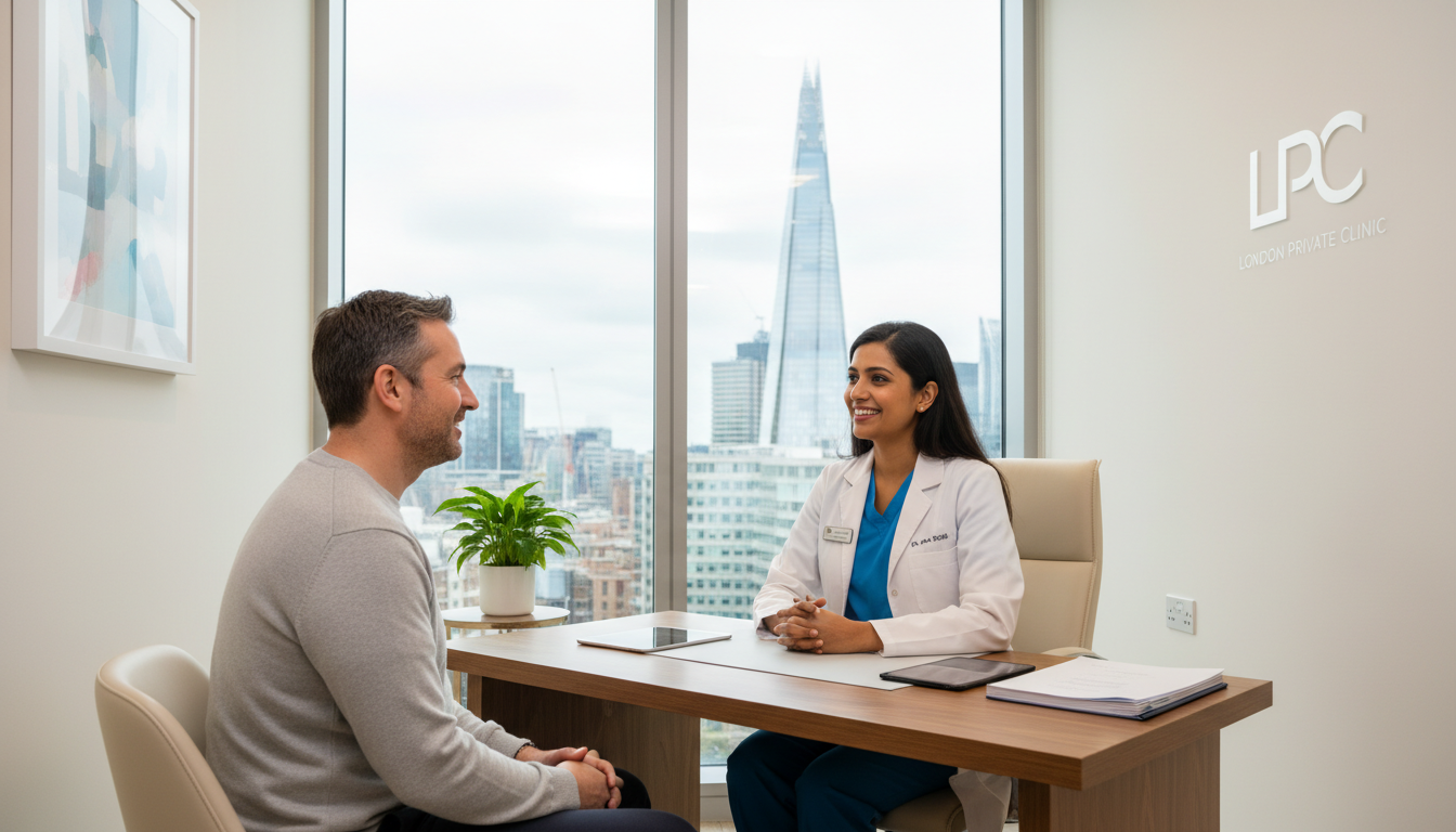 A friendly doctor in a modern, brightly lit private clinic in London, talking to a patient with a view of the Shard through the window, professional and warm atmosphere.