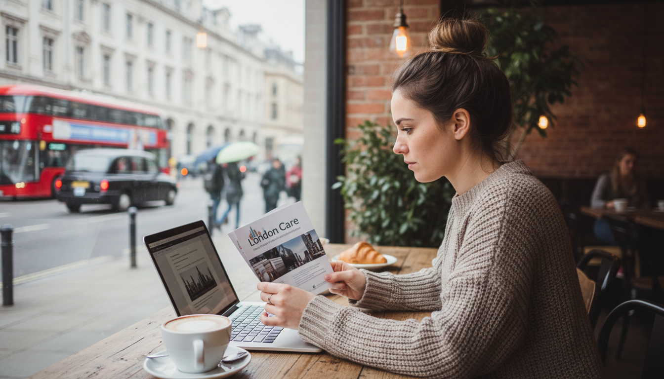 A digital nomad working on a laptop in a trendy London cafe, holding a health insurance brochure, with a blurred street scene outside, modern and lifestyle-oriented.