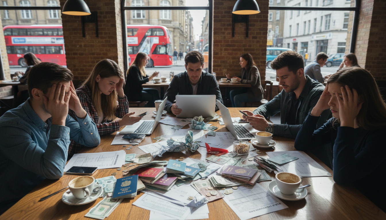 A diverse group of young professionals sitting in a modern London cafe, looking stressed while trying to organize a mix of international passports, tax forms, and currency on a wooden table.