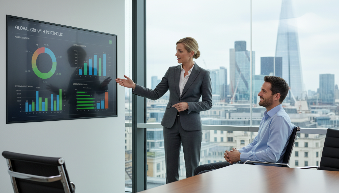 A professional financial advisor in a sleek, glass-walled London office pointing at a digital dashboard showing a healthy, diversified global investment portfolio to a smiling client.