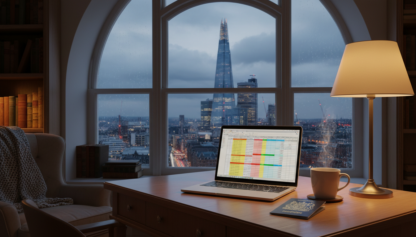 A cozy home office in a London flat with a view of the Shard through the window, a laptop open showing complex tax spreadsheets, a steaming mug of tea, and a British passport on the desk, cinematic lighting.