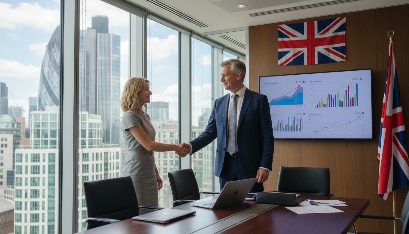 A professional accountant in a modern, glass-walled office in the City of London, shaking hands with a smiling expat client, charts and a Union Jack flag in the background, high quality, realistic.