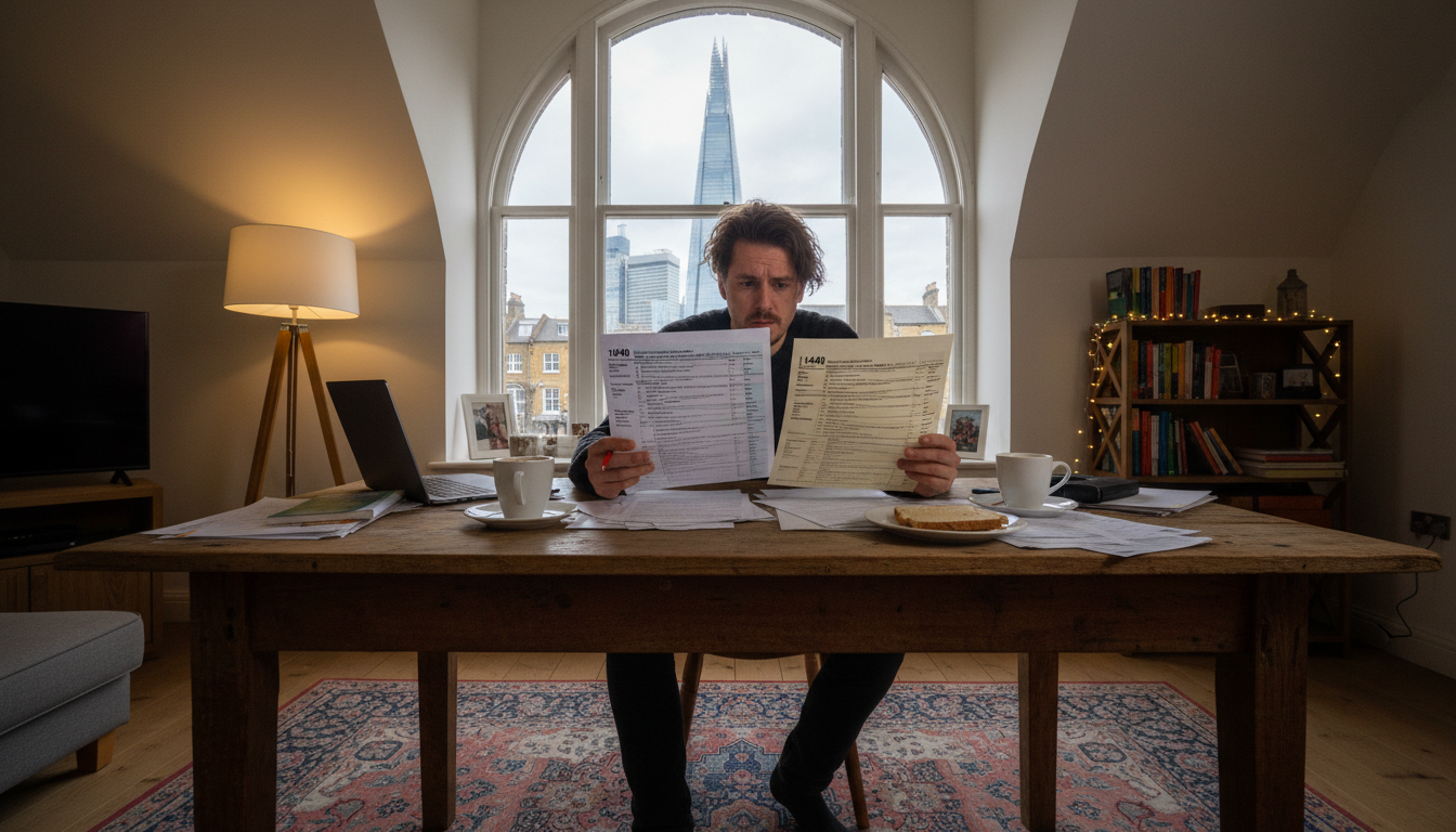 A wide-angle shot of a person sitting at a rustic wooden desk in a cozy London flat, looking stressed while comparing a US 1040 form and a UK Self Assessment tax return, with the Shard visible through the window.