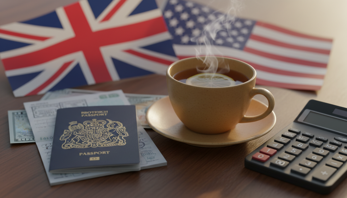 A close-up of a cup of tea next to a passport and a calculator, with blurred British and American flags in the background, symbolizing the blend of two financial lives.