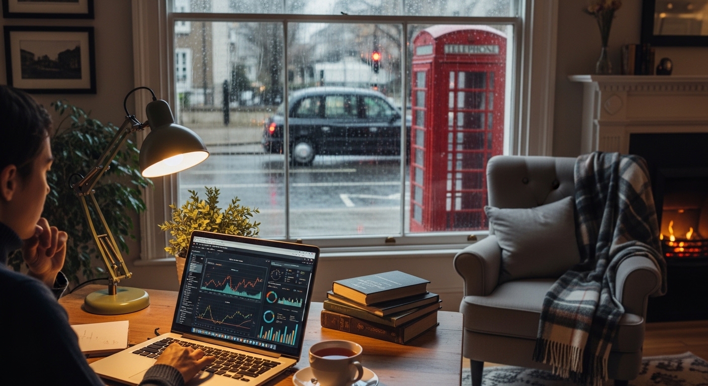 A cozy London home office setting with a person looking thoughtfully at a laptop screen showing financial charts, with a view of a rainy London street and a red telephone box outside the window.