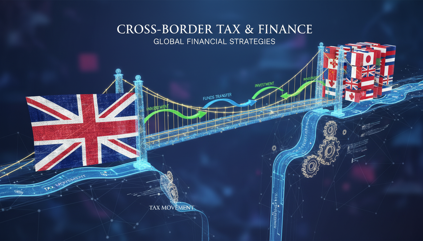 A professional 3D infographic showing a bridge between a British flag and a collection of international flags, symbolizing cross-border tax movement and financial planning.