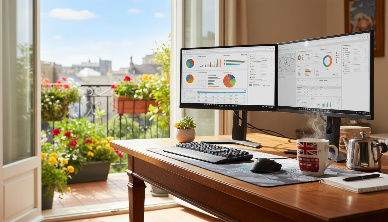 A vibrant workspace with a dual monitor setup showing a CRM dashboard and a British tea mug, with a sunny balcony view in the background.