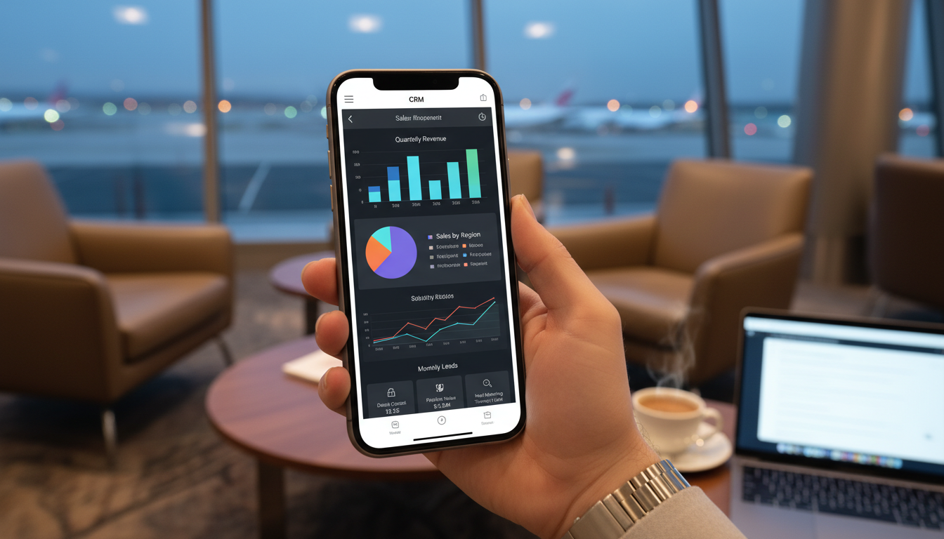 A smartphone displaying a mobile CRM app with colorful sales charts, held by a person at an airport lounge.