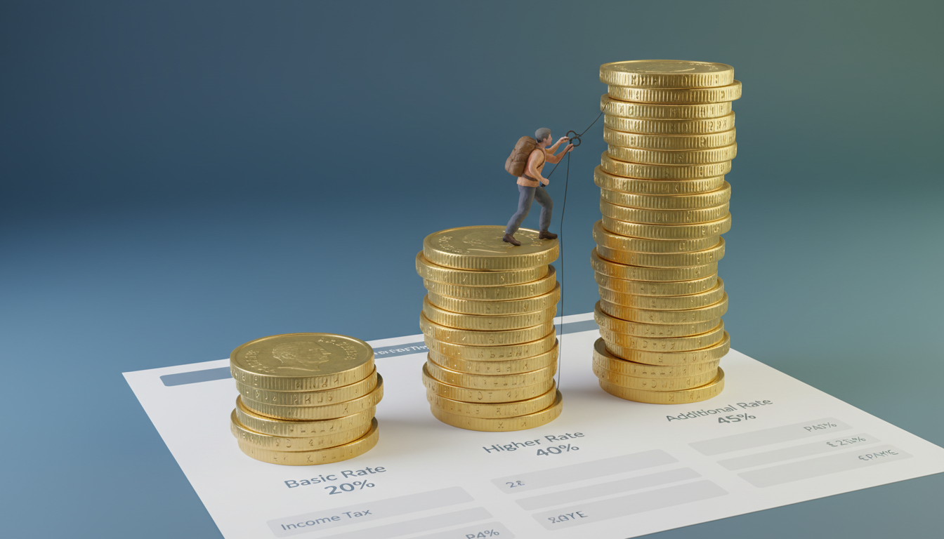 A creative 3D illustration of British pound coins stacked into bar charts representing different tax brackets, with a miniature person climbing the stacks.