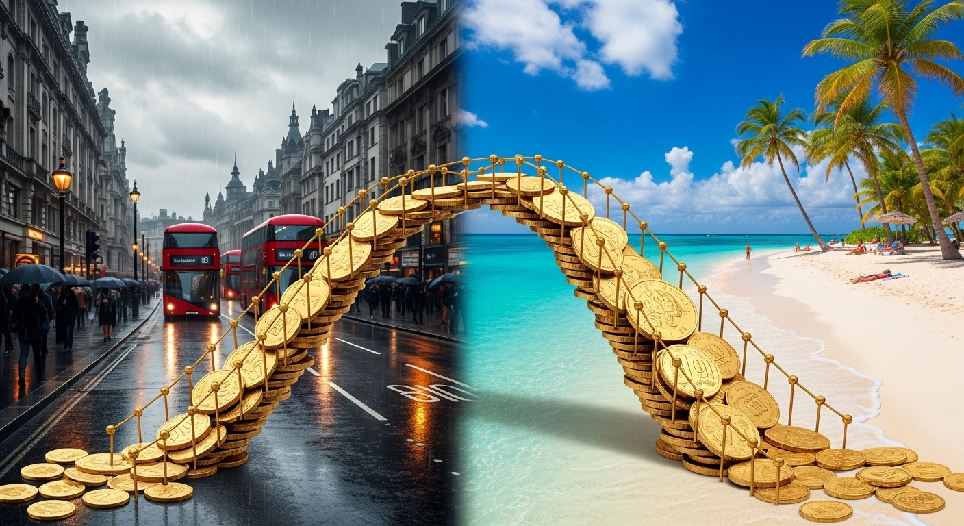 A split screen showing a rainy London street on one side and a sunny tropical beach on the other, with a bridge made of gold coins connecting them, symbolizing expat wealth transfer.